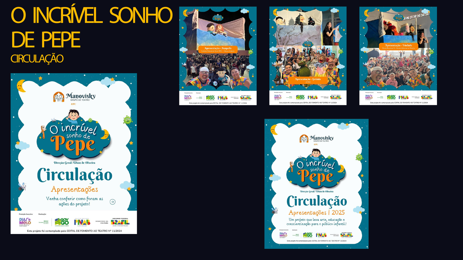 Página do portfólio com peças de divulgação da circulação de O Incrível Sonho de Pepe.