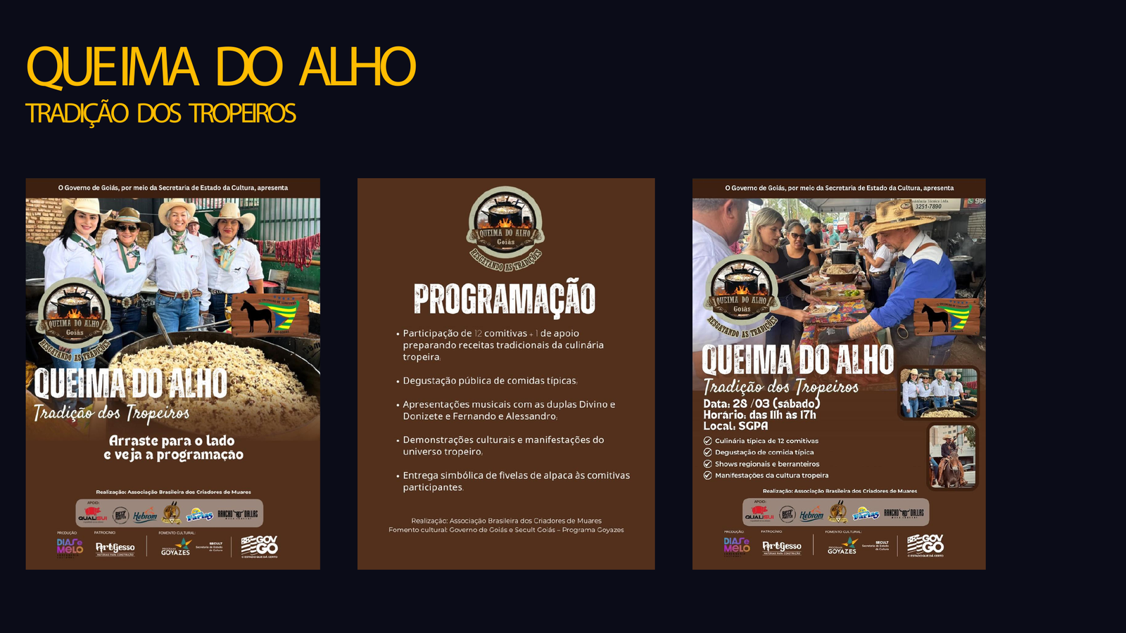 Página do portfólio com peças de divulgação e programação de Queima do Alho — Tradição dos Tropeiros.